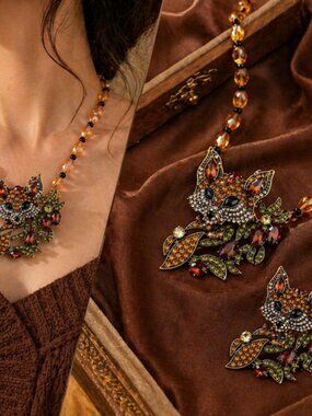 💎Fox Necklace & Brooch Set Vintage Inspired Amber Rhinestone Statement Jewelry